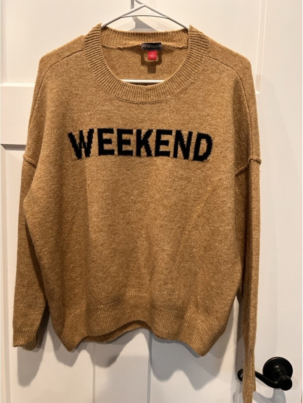 Vince Camuto Womens S Tan WEEKEND Graphic Crewneck Sweater Pullover